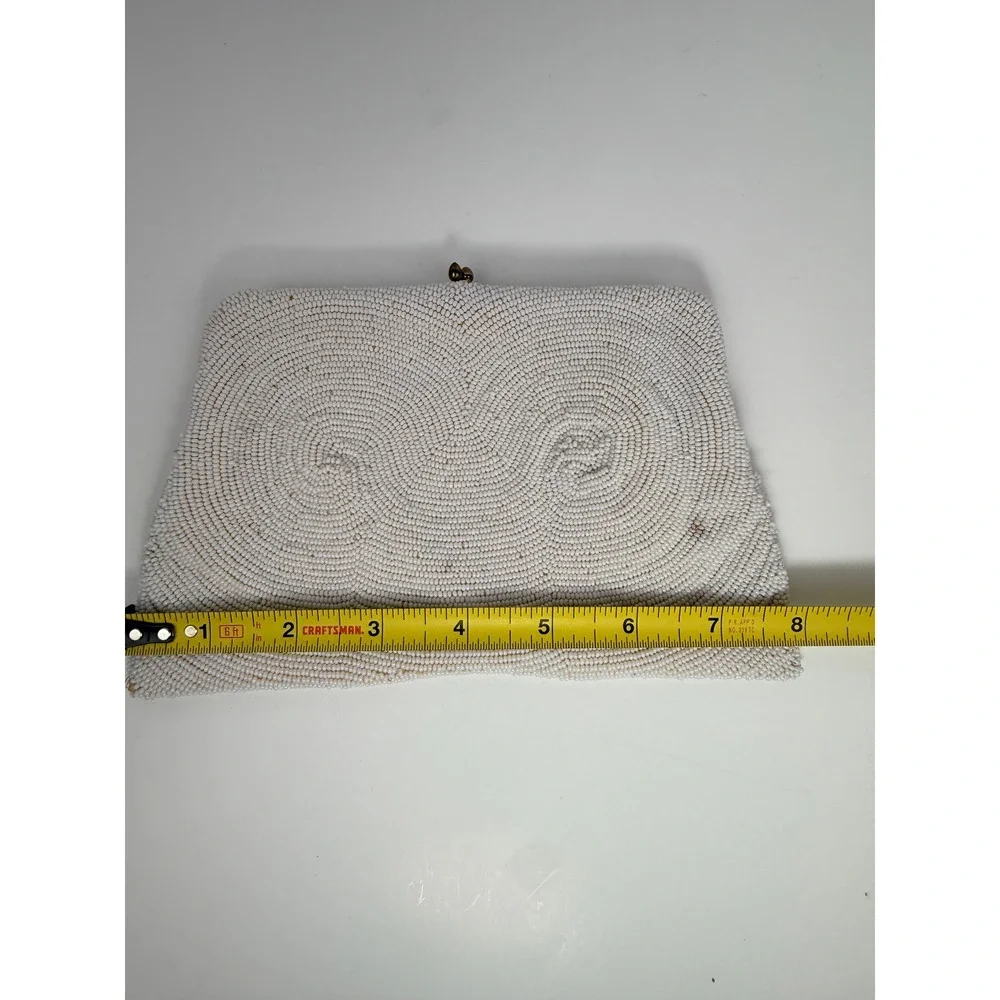 Vintage Made in Belgium White Beaded Clutch Kiss Lock Evening Bag - BH